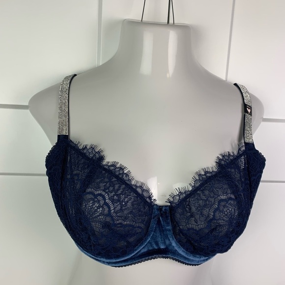 NWT Victorias Secret 38DDD Lace Velvet Balconette Demi Bra Rhinestone Strap - Picture 8 of 9